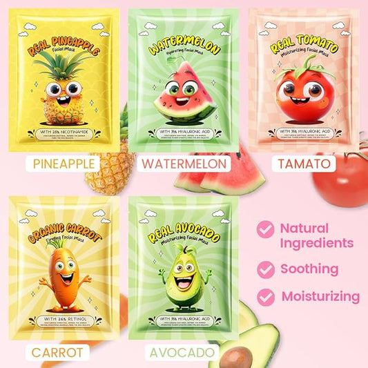 Kaely 10 Pack Fruit Face Masks for Kids, Spa Party Facial Mask Skincare Set, Sheet Masks Skin Care, Moisturize Soothe for All Skin Types, Christmas Birthday Gifts for Women Men Girls, 01
