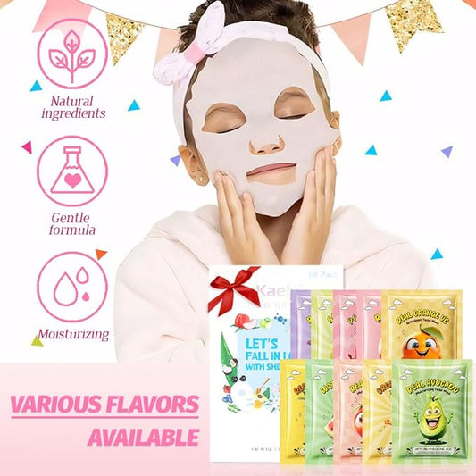 Kaely 10 Pack Fruit Face Masks for Kids, Spa Party Facial Mask Skincare Set, Sheet Masks Skin Care, Moisturize Soothe for All Skin Types, Christmas Birthday Gifts for Women Men Girls, 01