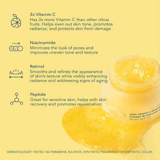Saturday Skin Yuzu Vitamin C Sleep Mask Regenerist Retinol Ultra Rich Face Moisturizer Cream Smooth Skin and Reduce Wrinkles Ideal for All Skin Types